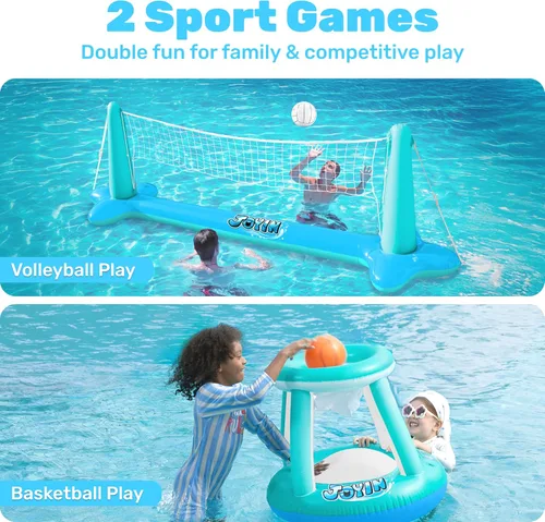 Vista 2 de JOYIN Juego de flotador inflable para piscina, red de voleibol y aros de baloncesto, juguete flotante de natación para niños y adultos, flotadores