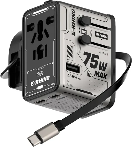 Vista 8 de MFish Adaptador de viaje universal de 75 W, adaptador de corriente internacional de 5 puertos con cable USB-C retráctil, 3 USB-C y 1 salida USB-A +