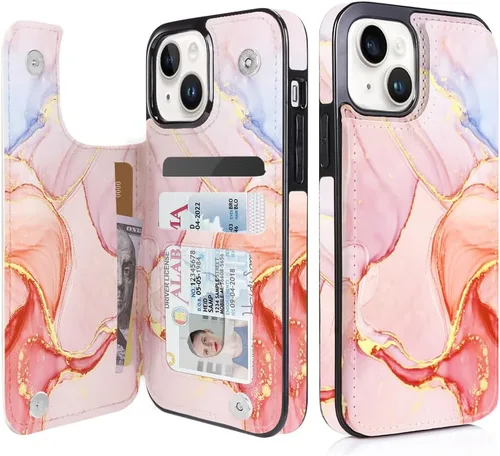 Vista 53 de uCOLOR - Funda tipo cartera para iPhone 15 con tarjetero y diseño de lunares con leche de almendra Bloqueo RFID de piel sintética para mujeres