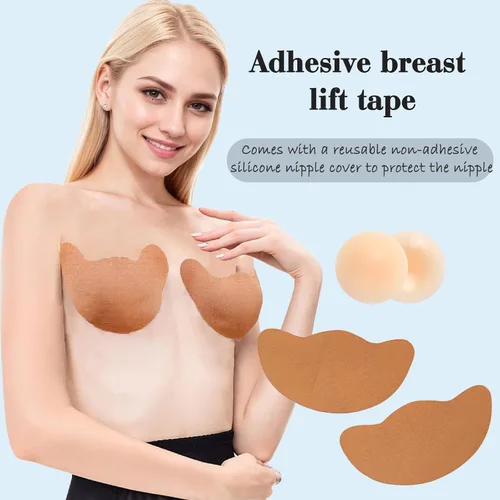 Vista 2 de Cinta de levantamiento de senos 4 unidades Adhesivo invisible para senos grandes y vestidos sin tirantes, color nude ultrafino + 4 cubiertas