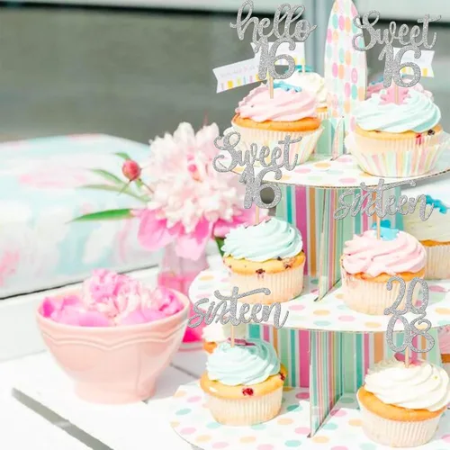 Vista 4 de 24 piezas de decoraciones para cupcakes de 16 cumpleaños con purpurina, ¡Hola 16! Dulces 16 desde 2008, púas para cupcakes de 16 años para celebrar