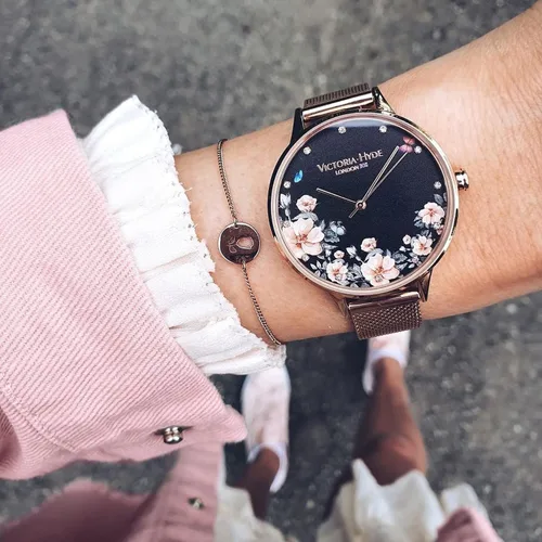 Vista 6 de VICTORIA HYDE Relojes de cuarzo para mujer, esfera floral con correa de malla de acero inoxidable, correa de cuero auténtico, impermeable, reloj