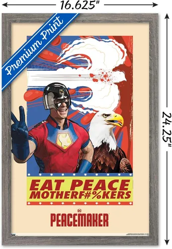 Vista 3 de DC Comics TV Peacemaker - Póster de pared Eat Peace, 22.4 pulgadas de largo x 14.7 pulgadas de ancho, versión enmarcada de madera de granero