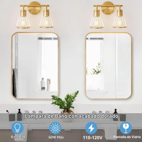 Vista 2 de Lámparas modernas de tocador de baño de 14 pulgadas con 2 luces de oro cepillado sobre espejo Dorado