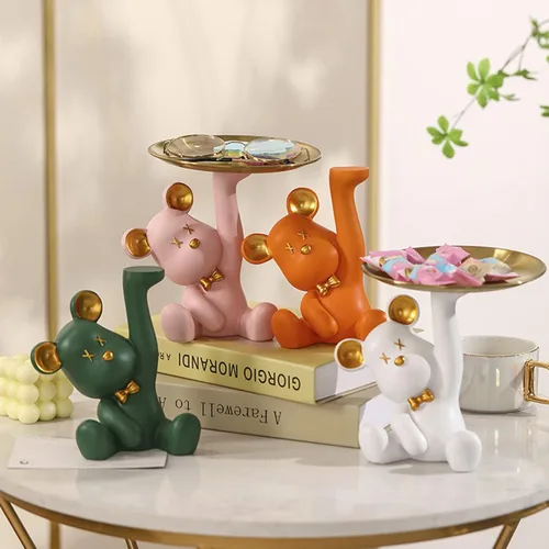 Vista 9 de Escultura de oso de dibujos animados de resina con bandeja de metal, bandeja de almacenamiento de figuras de animales, bandeja de almacenamiento