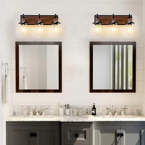 Vista 2 de Lanhall Lámpara de baño de 3 luces, estilo granja, vintage, sobre espejo, de metal pintado en madera y negro con pantalla de cristal, enchufe E26