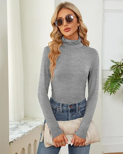 Vista 3 de Ficerd Paquete de 2 camisas de cuello alto para mujer, manga larga, cuello alto, ajustadas, suaves, elásticas, térmicas, básicas, sin botones