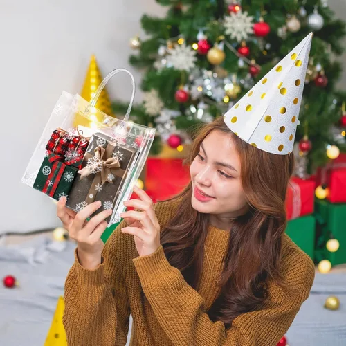 Vista 6 de Gueevin 60 piezas de bolsas de regalo de Navidad transparentes con asas, bolsas de plástico a granel para dulces, con temática de copo de nieve