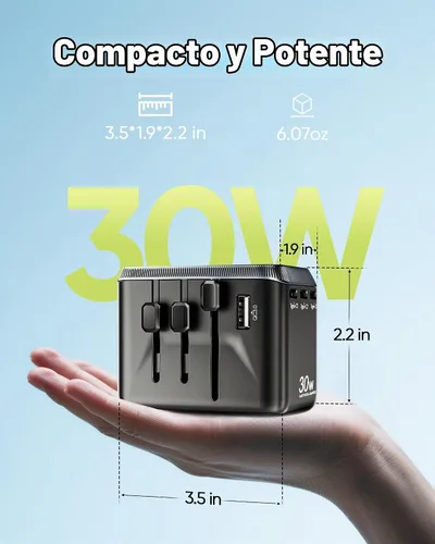 Vista 5 de TenTrend Adaptador de viaje universal, adaptador de corriente internacional de 30 W con 4 puertos USB-C y 1 USB-A, adaptador de enchufe de viaje