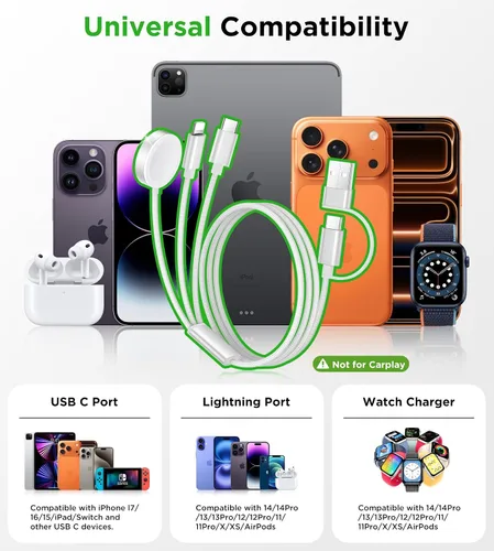 Vista 2 de Esenciales de viaje para cargador de Apple Watch, cargador de iPhone, cable de carga de viaje 3 en 2 tipo C/Lightning/magnético, cable de carga