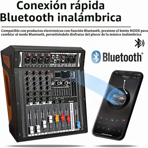 Vista 2 de Mezclador de Audio de 4 Canales, Mezclador DJ con Amplificador de Potencia, Tarjeta de Sonido de Audio con Alimentación Fantasma de 48V, Interfaz