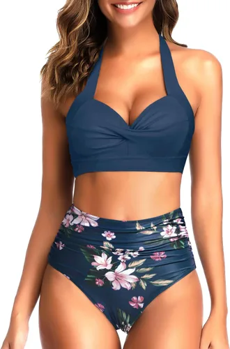 Vista 8 de Tempt Me - Traje de baño de dos piezas para mujer Bikini de cintura alta con cuello Halter vintage y retro, traje de baño con realce Bandera