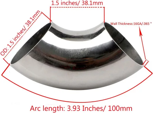 Vista 2 de Codo de acero inoxidable de 1.5" y 90° de curvatura de mandril - Grosor 16GA/.065" Material de pared SS304 Adecuado para codo de escape modificado
