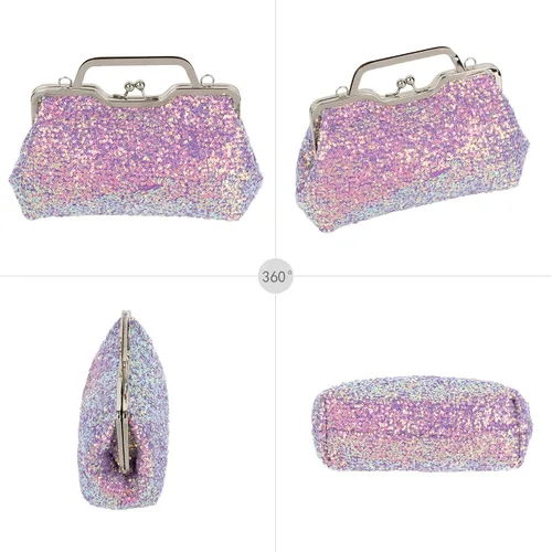 Vista 5 de Mini bolso de noche con lentejuelas con purpurina para mujer, bolso de mano de metal con asa superior, correa de cadena, bolso cruzado