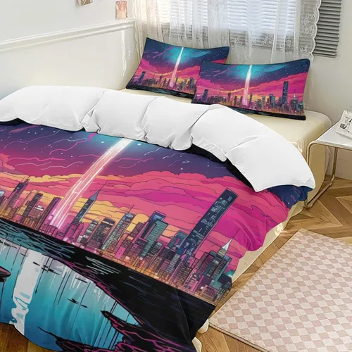 Vista 10 de Landscape Duvet Cover Full Size, Ultra Soft Microfiber Cityscape Bedding Set, 3 Pieces Night Scenery Pattern Comforter Cover Set with Zipper Closure