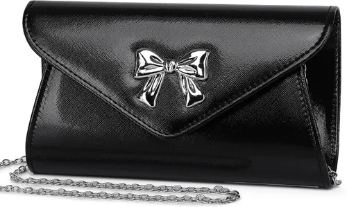 Vista 10 de Gurina Bolso de mano de noche con detalle de lazo, elegante bolsa de fiesta de piel sintética brillante con cadena desmontable para boda y baile