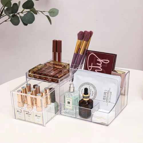 Vista 3 de Cq acrylic Paquete de 1 organizador de maquillaje transparente, apilable con 1 cajón, organizador de cuidado de la piel, lindo organizador
