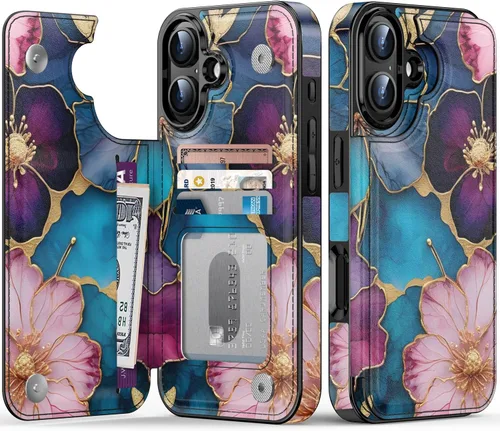 Vista 134 de FUNMIKO Funda tipo cartera para iPhone 15 con tarjetero + clip para efectivo, bloqueo RFID, protección contra caídas de grado militar y obras
