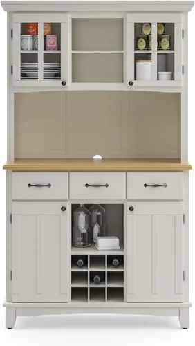 Vista 4 de Homestyles Buffet de Buffets Servidor Blanco Roto con Hutch y Tapa de Madera Natural