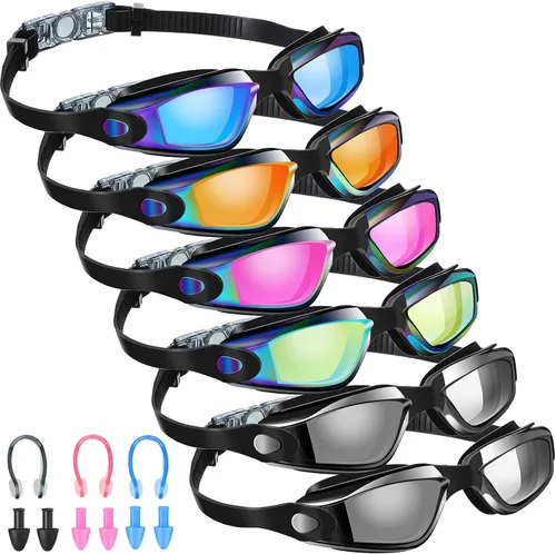 Vista 11 de Flutesan Paquete de 6 gafas de natación para adultos y niños, anti niebla, con tapones para los oídos, clip para la nariz, sin fugas, protección
