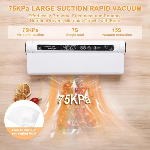 Vista 3 de Sellador al vacío, succión fuerte de 75 KPA, sellador al vacío de modos seco/húmedo para alimentos, sello extendido de 8.268 in, 40 bolsas selladas