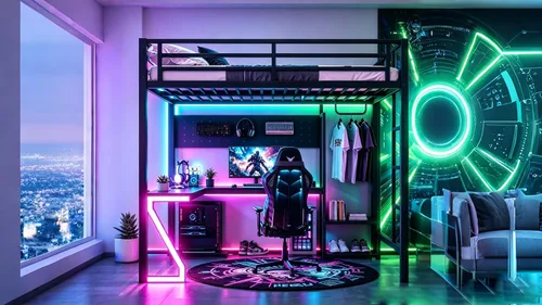 Vista 3 de Bellemave Cama loft para juegos de tamaño matrimonial con escritorio en forma de L, bandeja de computadora, tablero de clavijas y puertos USB, marco