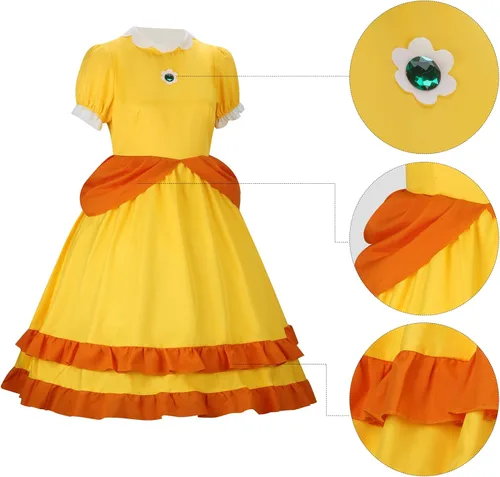 Vista 5 de Disfraz de princesa melocotón y margarita para niños, disfraz de corona para niñas, disfraz de Super Brothers Pincess Halloween Cosplay Party Dress