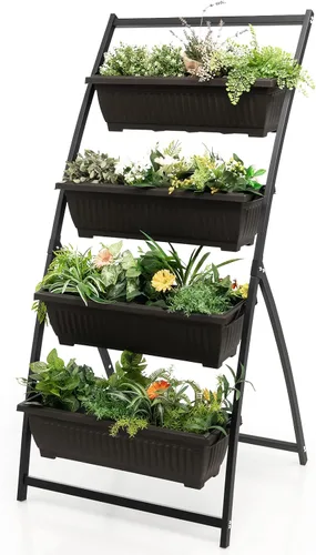 Vista 7 de Giantex Cama de jardín vertical elevada de madera de 5 niveles, soporte independiente para plantas con patas para hierbas, verduras y frutas, maceta