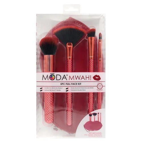Vista 5 de MODA MWAH! - Juego de 5 brochas de maquillaje de cara completa – Cepillos veganos suaves para rubor, contorno, reflejos y ojos con divertido diseño