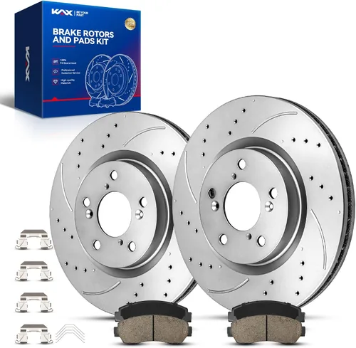 Vista 13 de Kit de freno delantero KAX, rotores de freno ranurados y con hendiduras, pastillas de freno cerámicas Compatible con Honda Accord 1990 1991 1992