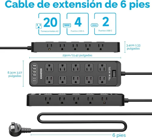 Vista 8 de Regleta de alimentación con enchufe plano, protector contra sobretensiones con 20 tomas de corriente AC y 6 puertos USB, 1875 W/15 A, 2700 julios