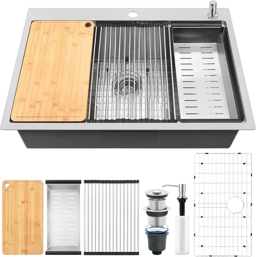 Vista 9 de Onader Fregadero de cocina de 25 x 22 pulgadas, acero inoxidable calibre 16 níquel cepillado, fregadero de cocina moderno con accesorios, 10
