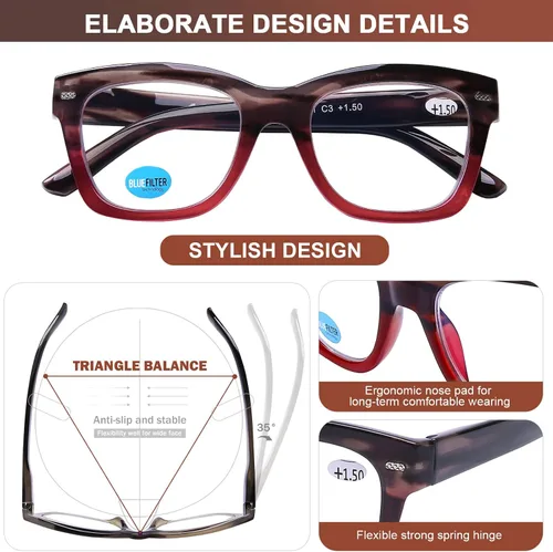 Vista 5 de AQWANO Oversized Design Reading Glasses Women/Men, Computer Blue Light Blocking Square Readers