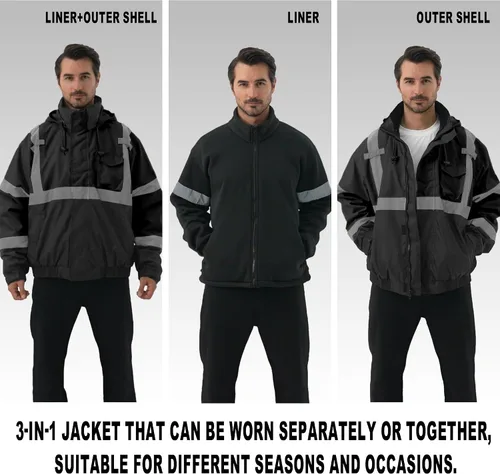 Vista 4 de Chaqueta de seguridad 3 en 1, chaqueta reflectante de alta visibilidad, chaqueta bomber Hi Vis, forro polar, impermeable, ANSI Clase 3, negro, S