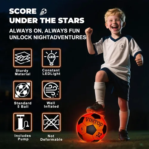 Vista 2 de VINTOP Balón de fútbol iluminado para niños que brilla en la oscuridad, no 5 con bomba, deportes y actividades al aire libre con luz LED, ideas