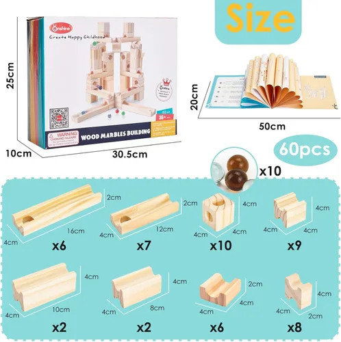 Vista 6 de Carrera de mármol de madera para niños de 4 a 8 años, 60 piezas de bloques de construcción de madera y juego de construcción, juego de laberinto