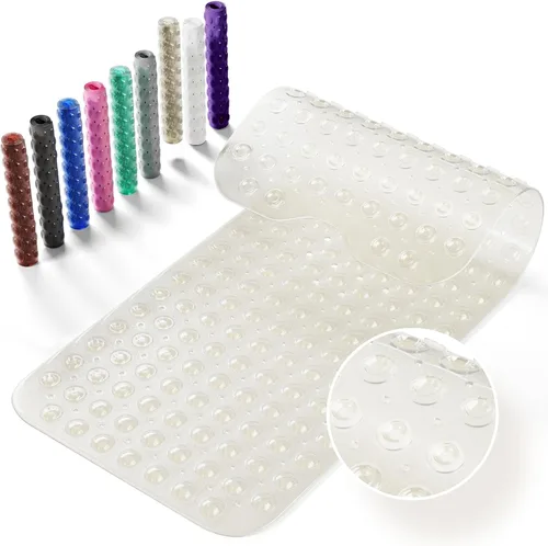 Vista 10 de Alfombrilla antideslizante para bañera, extra grande de 39x16 pulgadas con agujeros de drenaje y ventosas, lavable a máquina, color negro