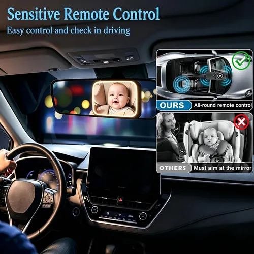 Vista 3 de Espejo de coche recargable para bebé con luz – Espejo para bebé en coche con control remoto, espejo de coche para bebé estable gancho clip