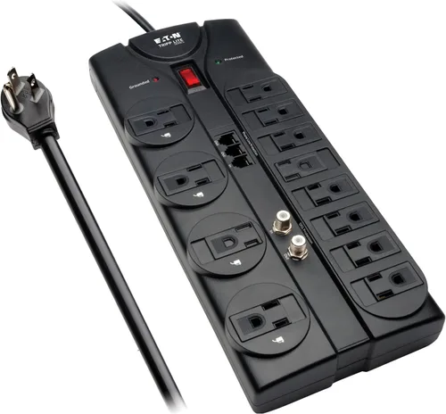 Vista 10 de Eaton Tripp Lite TLP128TTUSBB Protector de sobretensiones con puertos de carga USB, 2 puertos USB, 12 tomas de corriente, enchufe plano, cable