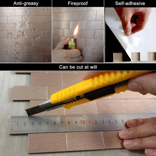 Vista 6 de XUANINY - Azulejos autoadhesivos de metal para loseta en muro, 10 hojas, aluminio cepillado, estilo metro, adhesivo 3D para pared de cocina y baño