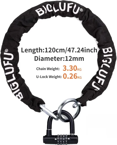 Vista 2 de BIGLUFU - Candado de Cadena para Motocicleta, Candados de Cadena de 120 cm/4 pies de Largo, Resistente, Candado de Cadena para Bicicleta, a Prueba
