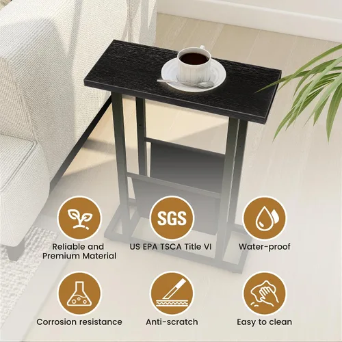 Vista 4 de FLYJOE Mesa auxiliar estrecha con revistero de piel sintética, estilo rústico, delgado, para sala de estar, dormitorio, sofá, color negro