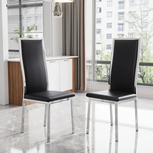 Vista 24 de Juego de 2 sillas de comedor modernas, piel sintética negra con patas de metal dorado cromado, diseño de respaldo alto curvo y acolchado tipo nube