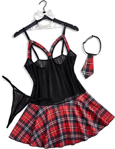 Vista 8 de Avidlove Conjunto de lencería sexy para mujer, falda a cuadros Rosa