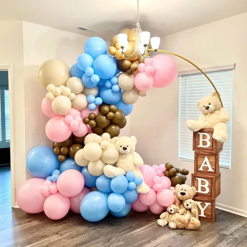 Vista 2 de Cajas de baby shower para decoración de fiesta, 4 bloques de madera de grano marrón con letras de bebé, letras impresas, decoración de centro