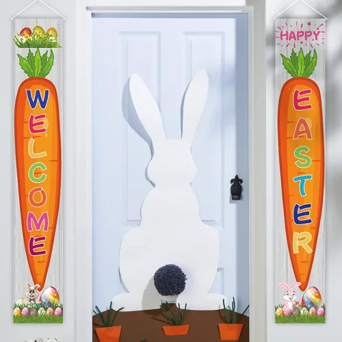 Vista 7 de 2 pancartas de tela para puerta de Pascua, huevos de Pascua, zanahoria, conejo, conejo, puerta colgante, porche, bandera colgante de bienvenida