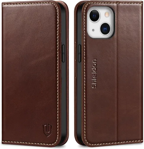 Vista 11 de SHIELDON Funda para iPhone 13, de piel auténtica, con función atril, bloqueo RFID, tarjetero de crédito, a prueba de golpes, protección completa
