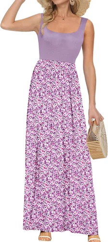 Vista 10 de AUSELILY Vestido largo con cuello cuadrado para mujer, sin mangas, floral, holgado, con bolsillos