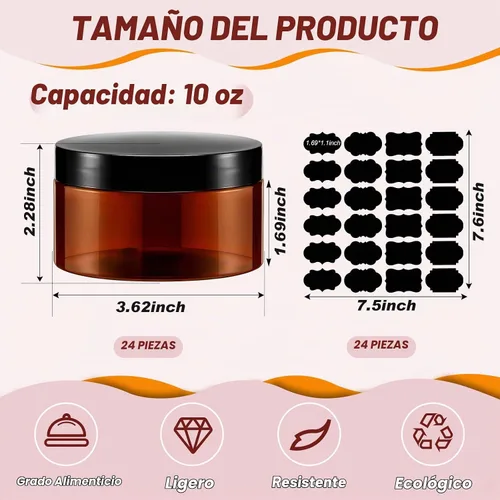 Vista 3 de Paquete de 24 tarros de PET ámbar de 10 onzas con tapas negras y etiquetas Ámbar con tapa negra