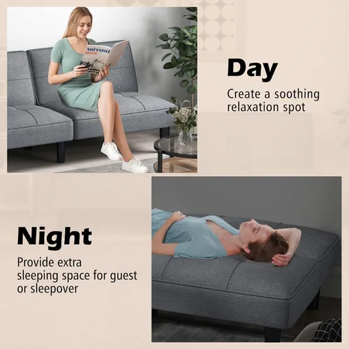 Vista 13 de KOMFOTT Sofá cama tipo futón convertible, sofá cama plegable tapizado de lino con respaldo ajustable de 6 posiciones, cojín grueso, sofá reclinable